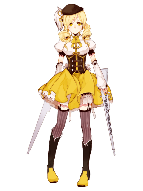10s, 1girl, beret, blonde_hair, boots, corset, detached_sleeves, drill_hair