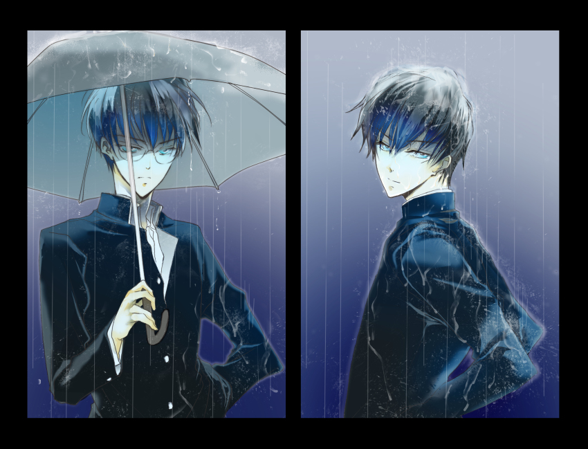 00s, 2boys, absurdres, aki_(sakami), black_hair, blue_eyes, dual_persona, glasses