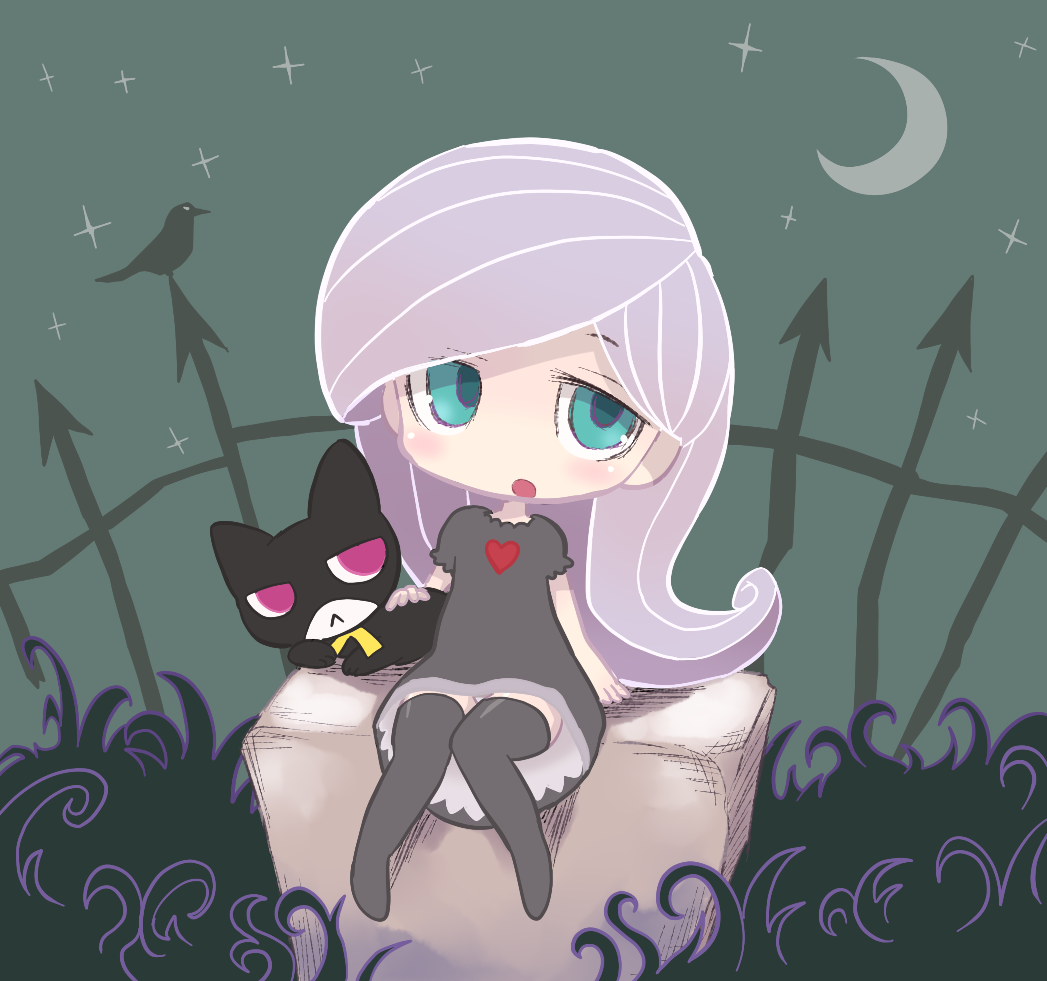 1girl, :<, :o, bird, blue_eyes, cat, crescent_moon, dress, fence, k-nattoh, linze, long_hair, moon, night, pink_eyes, purple_hair, sitting, star_(symbol), thighhighs, ushimitsu_monstruo