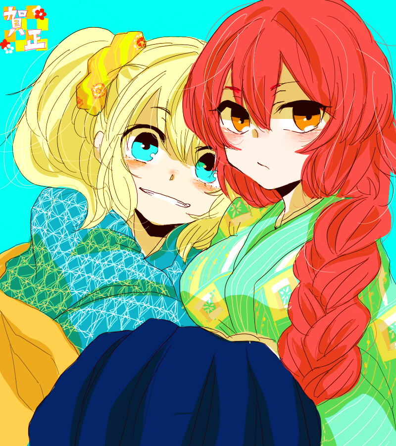 2girls, bad_id, bad_pixiv_id, blonde_hair, braid, female_focus, grin, japanese_clothes, kimono, kitashirakawa_chiyuri, multiple_girls, missing_headwear, no_headwear, okazaki_yumemi, phantasmagoria_of_dim.dream, red_hair, shima_mei, shimana_(cs-ts-az), single_braid, smile, touhou, touhou_(pc-98), yukata