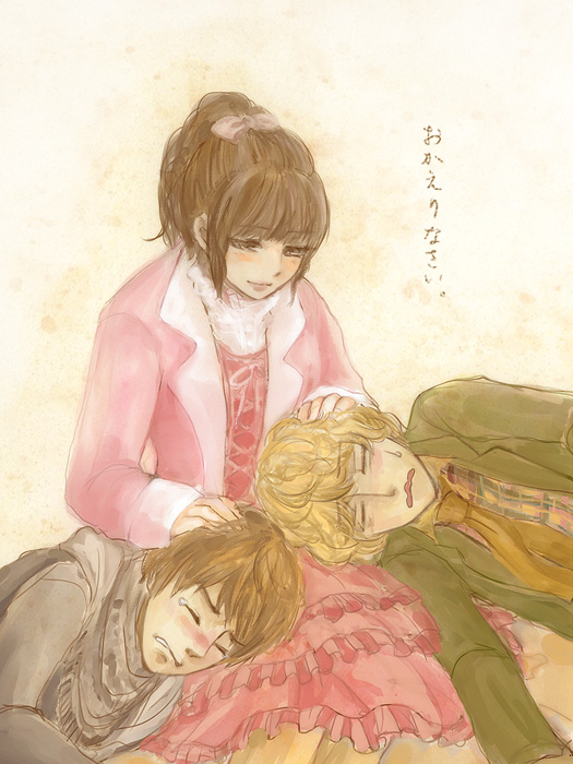 1girl, 2boys, ahim_de_famille, animification, blonde_hair, blush, bow, brown_hair, closed_eyes, don_dogoier, dress, hand_on_another's_head, ikari_gai, kaizoku_sentai_gokaiger, lap_pillow, len_(meisou), lying, multiple_boys, short_hair, sitting, smile, super_sentai, tears, yhforestmk