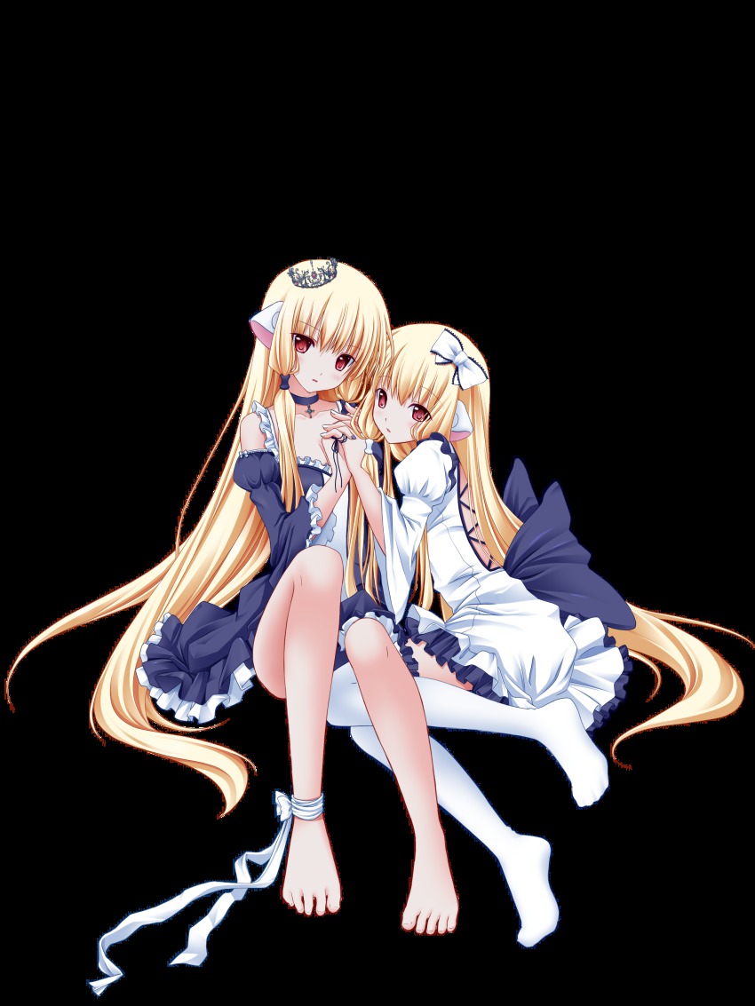 00s, 2girls, absurdres, akawata, ankle_ribbon, anklet, barefoot, blonde_hair