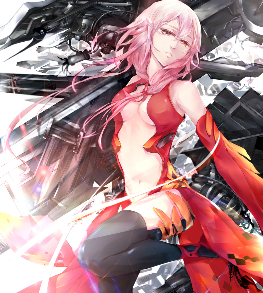 10s, bare_shoulders, breasts, center_opening, detached_sleeves, guilty_crown, hellipa, navel, pink_hair, red_eyes, solo, thighhighs, yuzuriha_inori