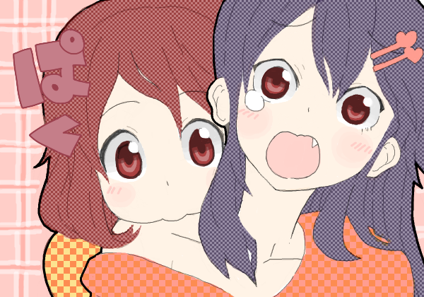 2girls, :>, alternate_hairstyle, bare_shoulders, biting, black_hair, brown_hair, drawr