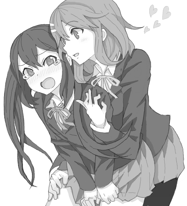 2girls, drawr, greyscale, groping, hand_on_another's_thigh, hand_on_thigh, heart, hirasawa_yui
