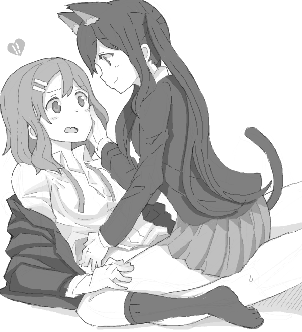 !, !!, 2girls, animal_ears, blush, cat_ears, cat_tail, drawr, greyscale, hand_on_another's_face, heart, hirasawa_yui, k-on!, kousuke102, kuzu_kow, monochrome, multiple_girls, nakano_azusa, oekaki, off_shoulder, role_reversal, school_uniform, sitting, sitting_on_person, smile, straddling, tail, wavy_mouth, yuri