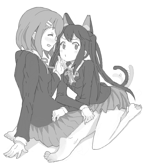 2girls, animal_ears, arm_support, averting_eyes, barefoot, blush, cat_ears, cat_tail