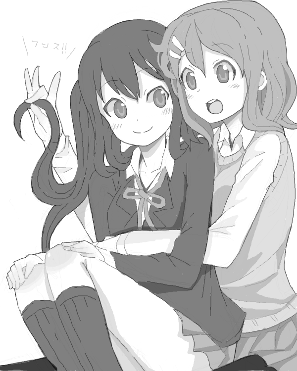 2girls, drawr, grabbing_another's_hair, greyscale, hair_ornament, hairclip, hirasawa_yui, holding_another's_hair