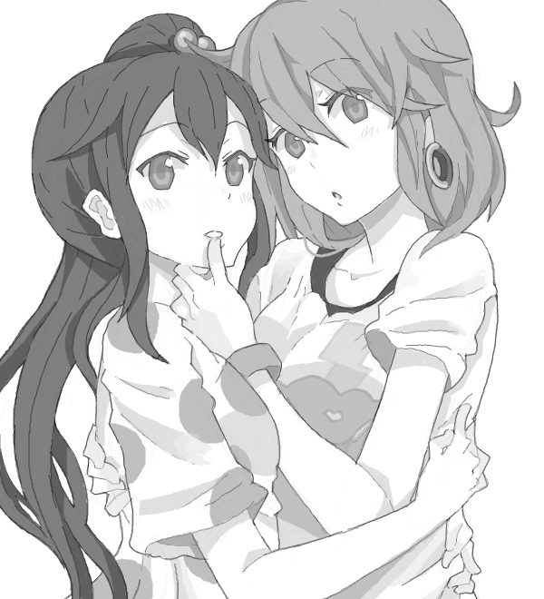 2girls, drawr, earrings, grabbing_another's_chin, greyscale, hair_bobbles, hair_ornament, hand_on_another's_chin