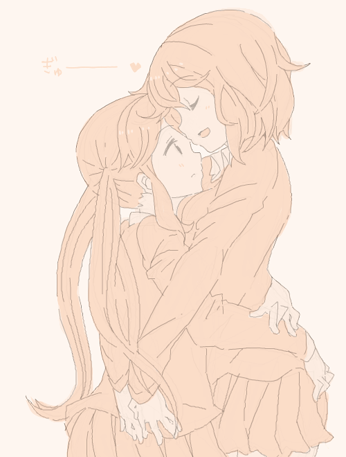 2girls, closed_eyes, drawr, happy, height_difference, hirasawa_yui, hug, k-on!