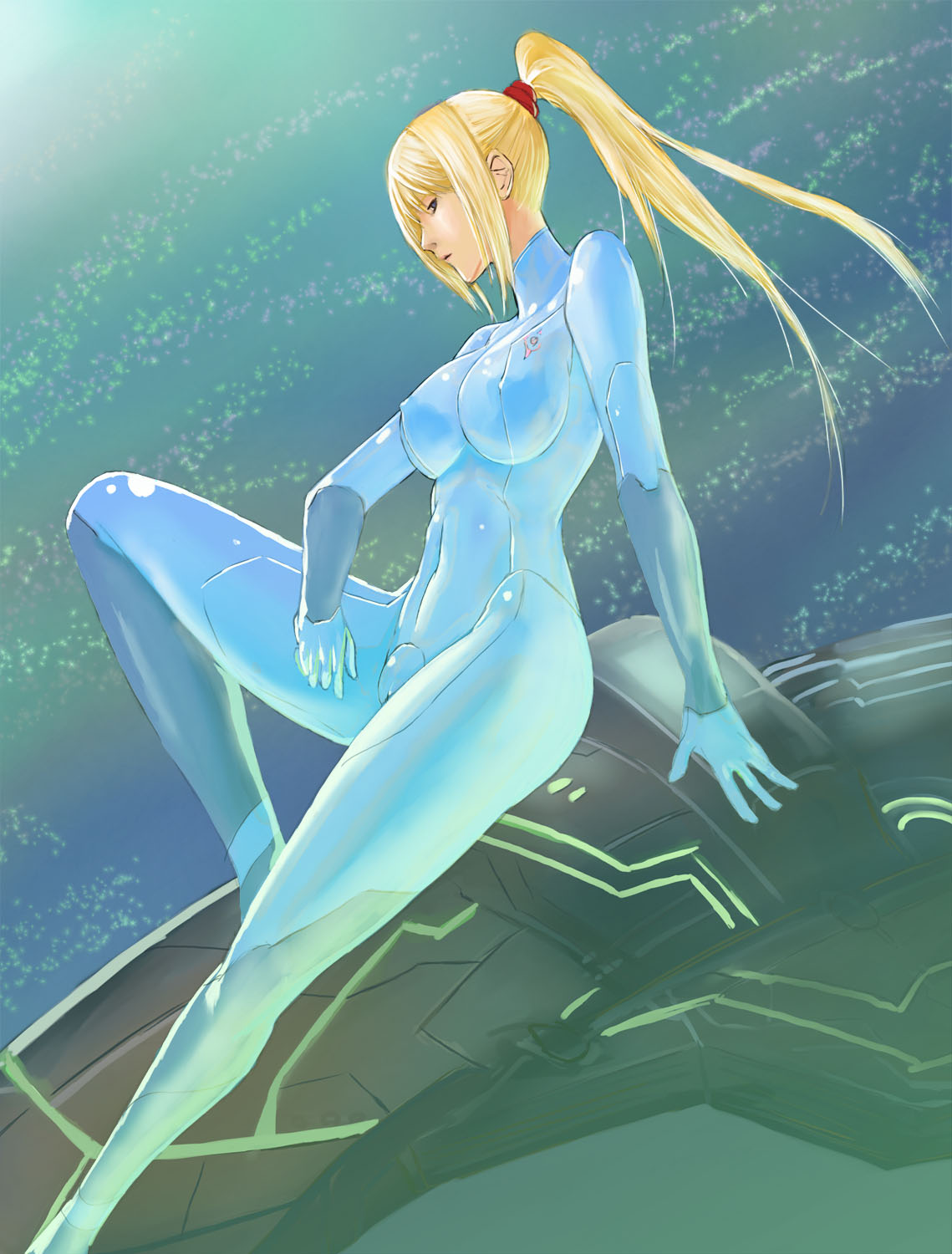 1girl, bad_id, bad_pixiv_id, blonde_hair, blue_eyes, bodysuit, breasts, cameltoe, covered_erect_nipples, female_focus, furubokko, highres, large_breasts, leg_lift, long_hair, metroid, nintendo, ponytail, samus's_gunship, samus_aran, sidelocks, sitting, skin_tight, solo, zero_suit