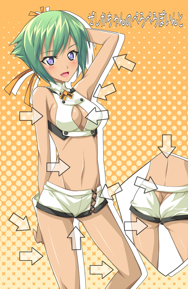 10s, 1girl, aquarion_(series), aquarion_evol, arm_up, arrow_(symbol), ass, ass_cutout, bare_shoulders, breasts, butt_crack, cleavage, cleavage_cutout, clothing_cutout, dark-skinned_female, dark_skin, fang, female_focus, green_hair, groin, midriff, navel, nu_(plastic_eraser), purple_eyes, short_hair, short_shorts, shorts, sideboob, solo, zessica_wong