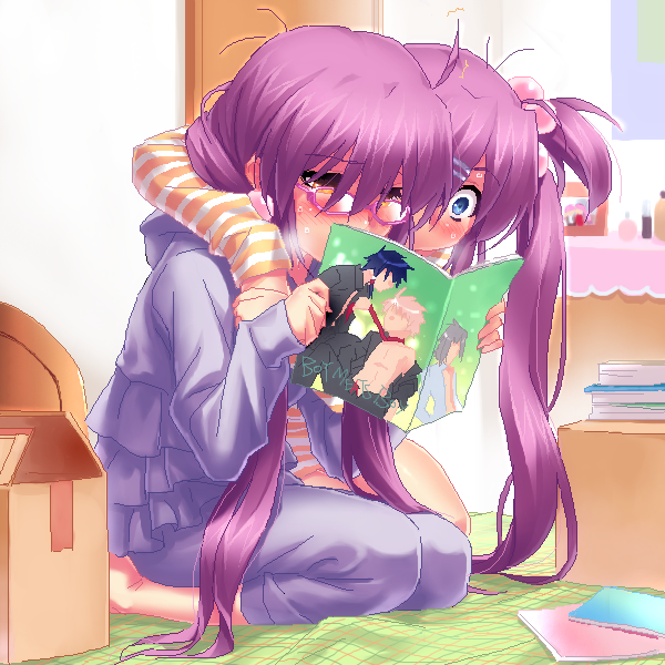 10s, 2girls, arms_around_neck, bed, bedroom, bespectacled, blue_eyes, blush, book, box, brown_eyes, capri_pants, female_pervert, fujoshi, full-face_blush, futaki_kanata, glasses, hair_bobbles, hair_ornament, little_busters!, long_hair, magazine_(object), multiple_girls, oekaki, ootori_sakuya, open_book, pajamas, pants, pervert, pornography, purple_hair, reading, rewrite, saigusa_haruka, seiza, siblings, sisters, sitting, sleepwear, sweat, tennouji_kotarou, viewing_pornography, wide-eyed, yellow_eyes, yoshino_haruhiko, zen