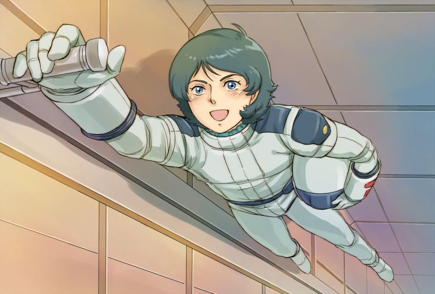1boy, :d, aqua_hair, blue_eyes, floating, gloves, gundam, helmet, kakyoi, kamille_bidan, male_focus, mecha_pilot_suit, normal_suit_(gundam), open_mouth, pilot_suit, shadow, smile, solo, unworn_headwear, unworn_helmet, zeta_gundam