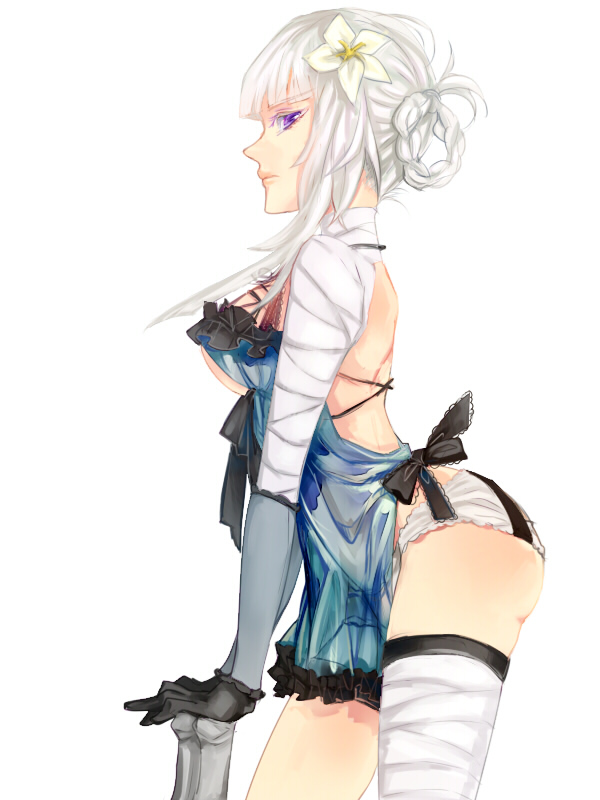 1girl, ass, backless_outfit, bandages, bow, braid, female_focus, flower, hair_flower, hair_ornament, kaine_(nier), lingerie, negligee, nier, nier_(series), panties, purple_eyes, ribbon, shiba_roken, short_hair, silver_hair, solo, sword, thigh_strap, thighs, tsuneaki_(dosnan), underwear, weapon, white_panties