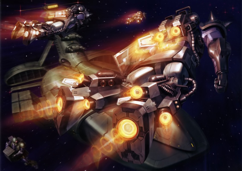 1970s_(style), 1980s_(style), battleship, black_tri-stars, box, carrying, container, energy_cannon, gundam, gundam_perfect_file, highres, mecha, military, military_vehicle, mobile_suit_gundam, musai, no_humans, official_art, oldschool, realistic, retro_artstyle, robot, science_fiction, ship, ship_turret, space, spacecraft, star_(sky), warship, watercraft, zaku, zaku_i, zaku_ii, zaku_ii_black_tri-stars_custom, zaku_ii_f/j, zaku_ii_hmt_black_tri-stars_custom