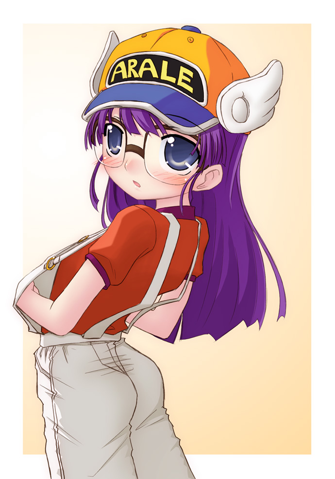 1girl, baseball_cap, blush, child, clothes_writing, dr._slump, female_focus, flat_chest, from_behind, glasses, hat, head_wings, long_hair, looking_at_viewer, norimaki_arale, overalls, purple_eyes, purple_hair, shirt, simple_background, solo, t-shirt, tomcat, upper_body, winged_hat, wings