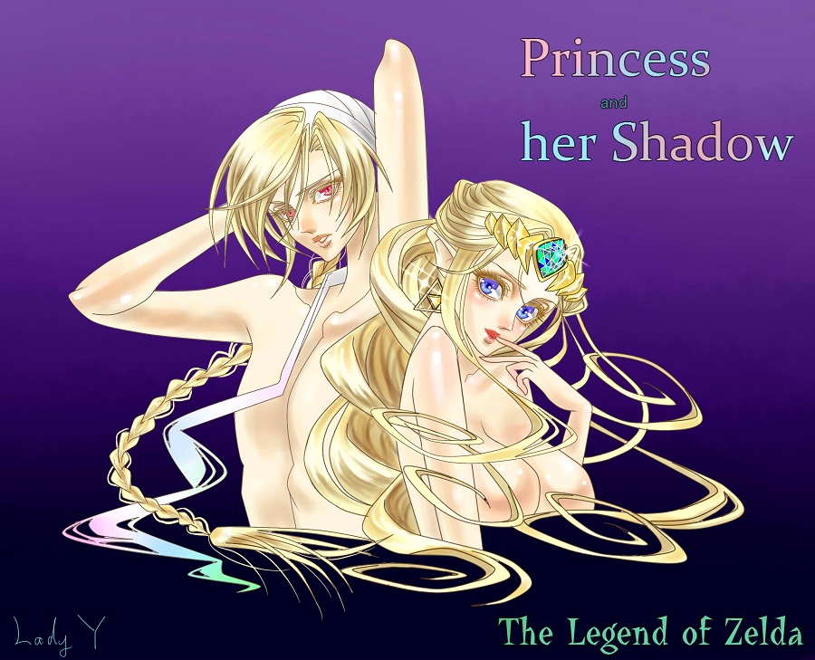 1boy, 1girl, androgynous, artist_name, bad_id, bad_pixiv_id, blonde_hair, blue_eyes, braid, copyright_name, derivative_work, dual_persona, english_text, finger_to_mouth, genderswap, genderswap_(ftm), hair_ornament, lady_y, nintendo, nude, panty_&amp;_stocking_with_garterbelt, parody, pointy_ears, princess_zelda, purple_background, red_eyes, sheik, signature, single_braid, the_legend_of_zelda, time_paradox