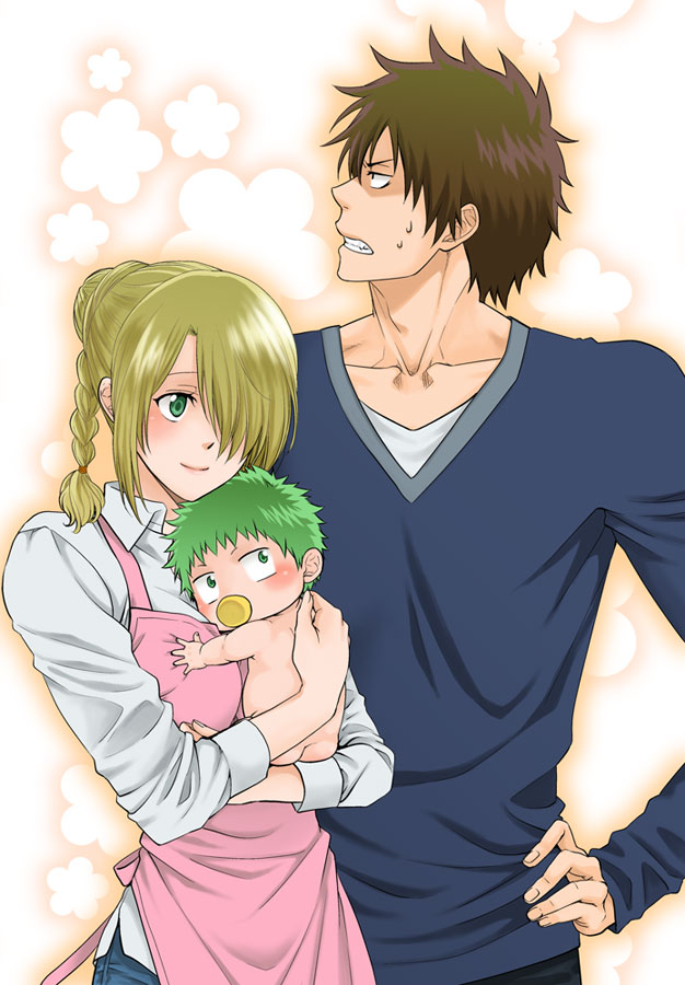 1girl, 2boys, age_difference, apron, baby, baby_be'el, beelzebub_(manga), blonde_hair, blush, breasts, couple, green_hair, hair_over_one_eye, height_difference, hetero, hilda_(beelzebub), miya_taira, multiple_boys, oga_tatsumi, school_uniform
