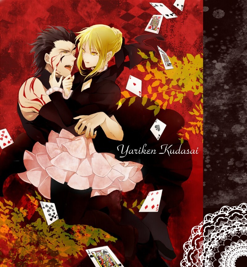1boy, 1girl, artoria_pendragon_(fate), black_hair, black_pantyhose, blonde_hair, capcom, card