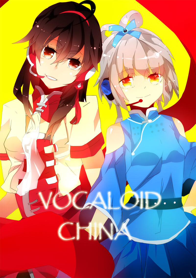 2girls, black_hair, grey_hair, headset, kochair, long_hair, luo_tianyi, multiple_girls, red_eyes, smile, vocaloid, vocanese, vsinger_(vocaloid), yuezheng_ling