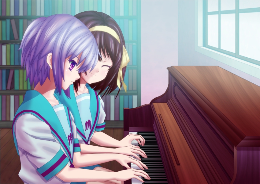 2girls, bookshelf, brown_hair, closed_eyes, hair_ribbon, instrument, koishi, md5_mismatch, multiple_girls, nagato_yuki, piano, purple_hair, ribbon, school_uniform, serafuku, short_hair, sitting, suzumiya_haruhi, suzumiya_haruhi_no_yuuutsu, teaching, upright_piano