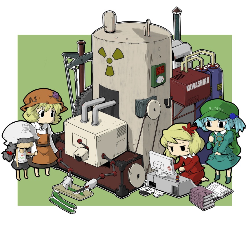 4girls, x_mouth, aki_minoriko, aki_shizuha, apron, backpack, bag, blonde_hair