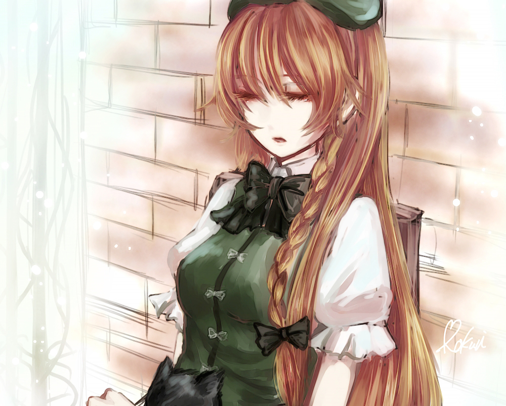 1girl, bad_id, bad_pixiv_id, braid, cat, chair, dress, closed_eyes