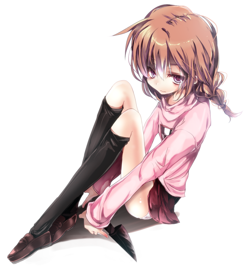 1girl, bad_id, bad_pixiv_id, black_legwear, braid, brown_hair, emia, emia_(castilla), female_focus, knife, madotsuki, pink_shirt, purple_eyes, purple_skirt, red_eyes, red_hair, shirt, sitting, skirt, solo, twin_braids, yume_nikki