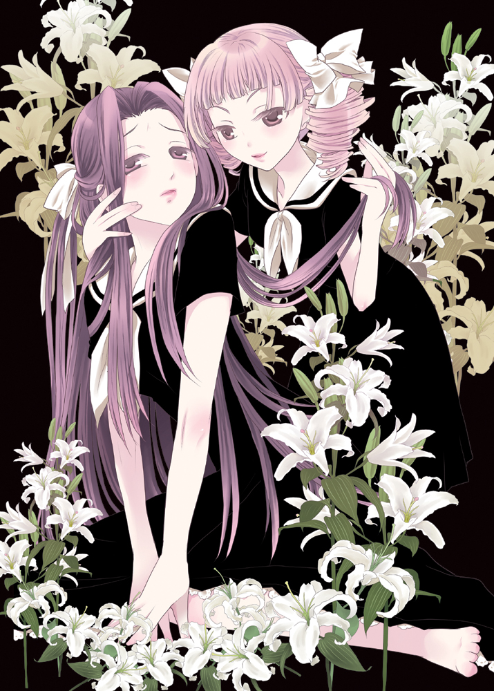 00s, 2girls, aikawa_ruru, art_nouveau, barefoot, black_background, blunt_bangs, blush, bow, colored_eyelashes, drill_hair, flower, grabbing_another's_hair, hair_bow, hair_ribbon, half_updo, holding_another's_hair, hosokawa_kanako, jitome, lily_(flower), lips, long_hair, maria-sama_ga_miteru, matsudaira_touko, multiple_girls, purple_hair, ribbon, school_uniform, serafuku, short_sleeves, simple_background, sitting, twintails, yuri