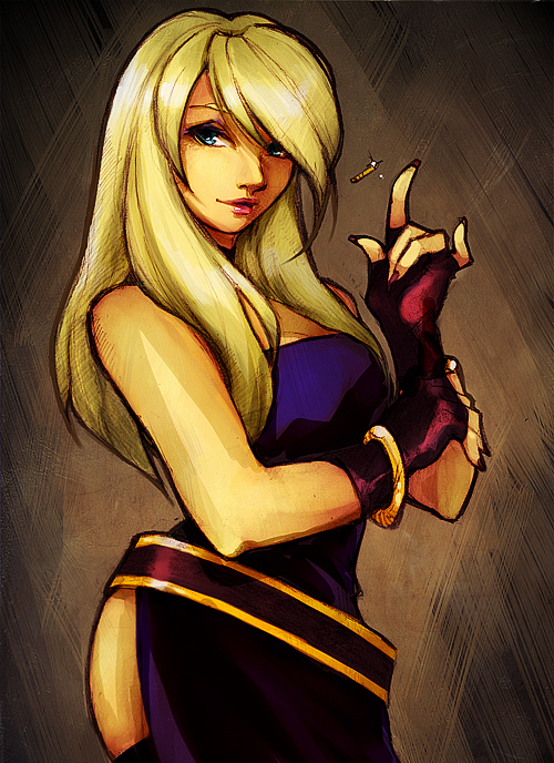 1girl, bangle, bare_shoulders, belt, blonde_hair, blue_eyes, bracelet, coin, diana_jakobsson, dress, fatal_fury, female_focus, fingerless_gloves, flipping_coin, garou:_mark_of_the_wolves, gloves, b._jenet, jewelry, lips, long_hair, nail_polish, nose, side_slit, snk, solo, the_king_of_fighters