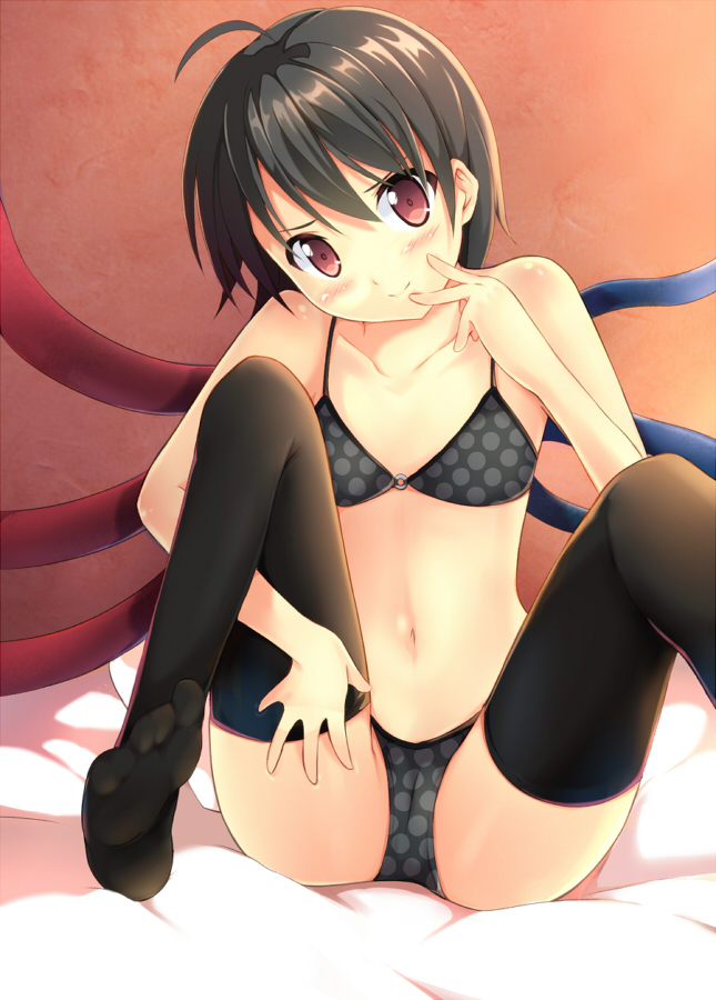 1girl, asymmetrical_wings, bikini, black_bikini, black_hair, black_thighhighs, blush, feet, female_focus, houjuu_nue, looking_at_viewer, madara, madara_hio, polka_dot, polka_dot_bikini, polka_dot_swimsuit, red_eyes, short_hair, smile, solo, swimsuit, thighhighs, touhou, wings