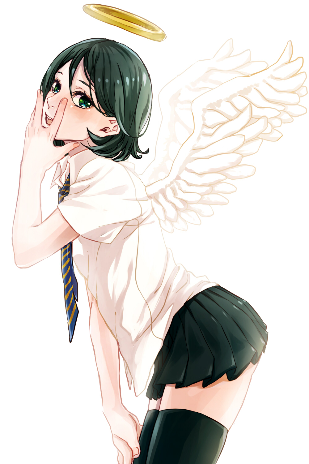 1girl, bad_id, bad_pixiv_id, black_thighhighs, fate/zero, fate_(series), female_focus, genderswap, genderswap_(mtf), green_eyes, green_hair, halo, highres, matching_hair/eyes, miniskirt, necktie, pleated_skirt, sensha_otoko, shirosaki_(233144), short_hair, skirt, solo, thighhighs, waver_velvet, waver_velvet_(sensha_otoko), wings