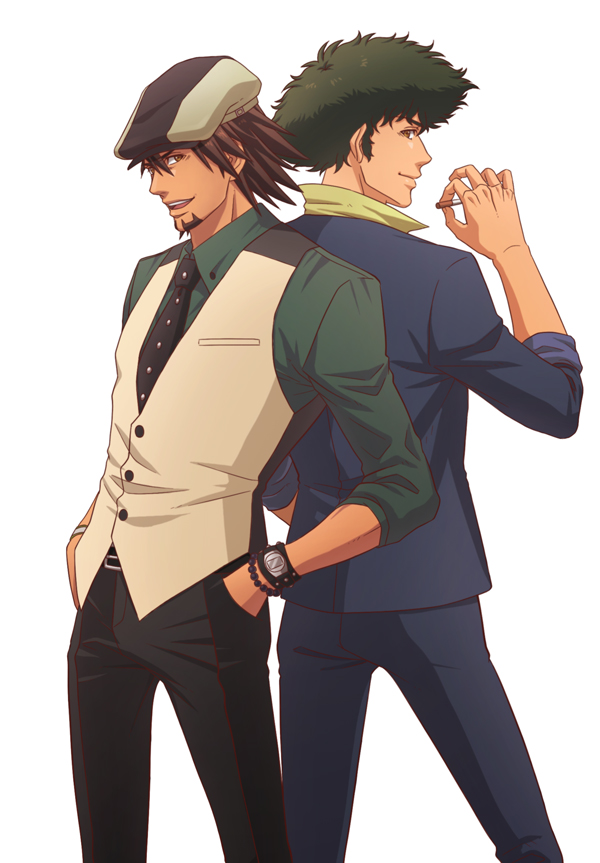 10s, 1990s_(style), 2boys, back-to-back, black_hair, brown_eyes, brown_hair, newsboy_cap, cigarette, company_connection, cowboy_bebop, crossover, facial_hair, formal_clothes, green_hair, green_shirt, hands_in_pockets, hat, kaburagi_t._kotetsu, lunarclinic, male_focus, multiple_boys, necktie, retro_artstyle, shirt, short_hair, simple_background, spike_spiegel, stubble, suit, sunrise_(company), tiger_&amp;_bunny, vest, waistcoat, watch, white_background, wristwatch, yellow_shirt