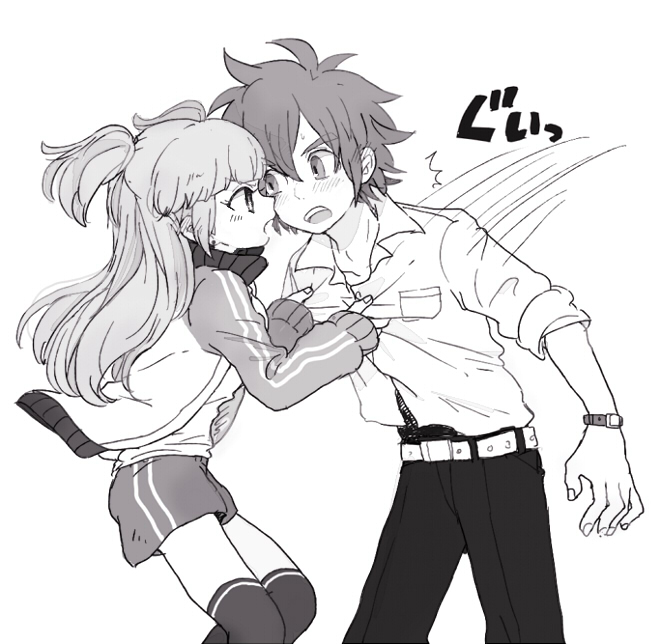 1boy, 1girl, clothes_pull, handa_shin'ichi, inazuma_eleven, inazuma_eleven_(series), inazuma_eleven_go, jacket