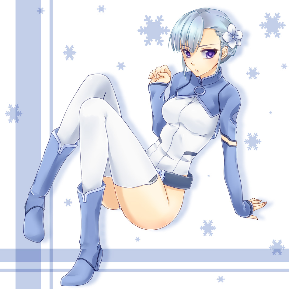 10s, 1girl, :o, arm_support, bad_id, bad_pixiv_id, belt, belt_skirt, blue_boots, blue_hair, blunt_bangs, bodysuit, boots, braid, clenched_hand, cropped_jacket, female_focus, fin_e_ld_si_laffinty, flower, french_braid, from_side, full_body, hair_flower, hair_ornament, high_heel_boots, high_heels, highleg, highleg_leotard, knees_together_feet_apart, knees_up, leotard, long_sleeves, looking_at_viewer, open_mouth, paw_pose, purple_eyes, rinne_no_lagrange, shadow, short_hair, sidelocks, silver_hair, sitting, sleeves_past_wrists, snowflakes, solo, souko_(yue), thighhighs, turtleneck, white_background