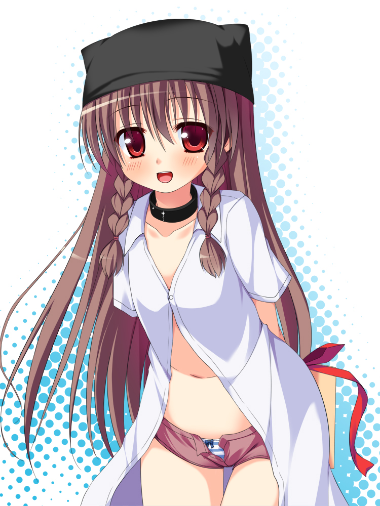 1girl, :d, arms_behind_back, asa_no_ha_(awayuki), blush, borrowed_character, bow, bow_panties, braid, brown_hair, choker, collarbone, dress_shirt, female_focus, gift, hat, leaning_forward, navel, open_fly, open_mouth, original, panties, red_eyes, ribbon, shirt, short_shorts, shorts, smile, solo, striped_clothes, striped_panties, tenihaba_nana, unbuttoned, underwear, unzipped