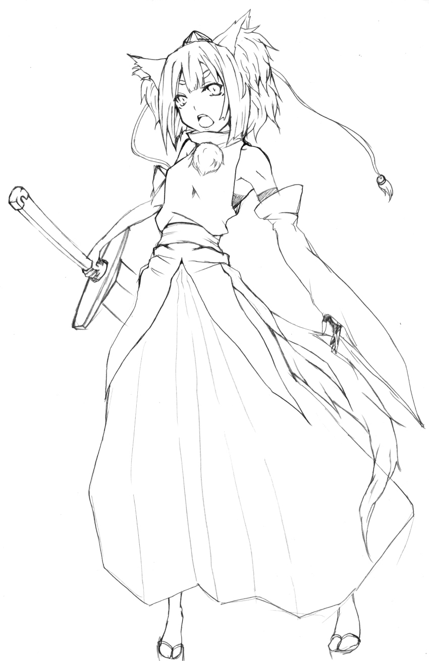 1girl, absurdres, animal_ears, detached_sleeves, female_focus, graphite_(medium), greyscale, hat