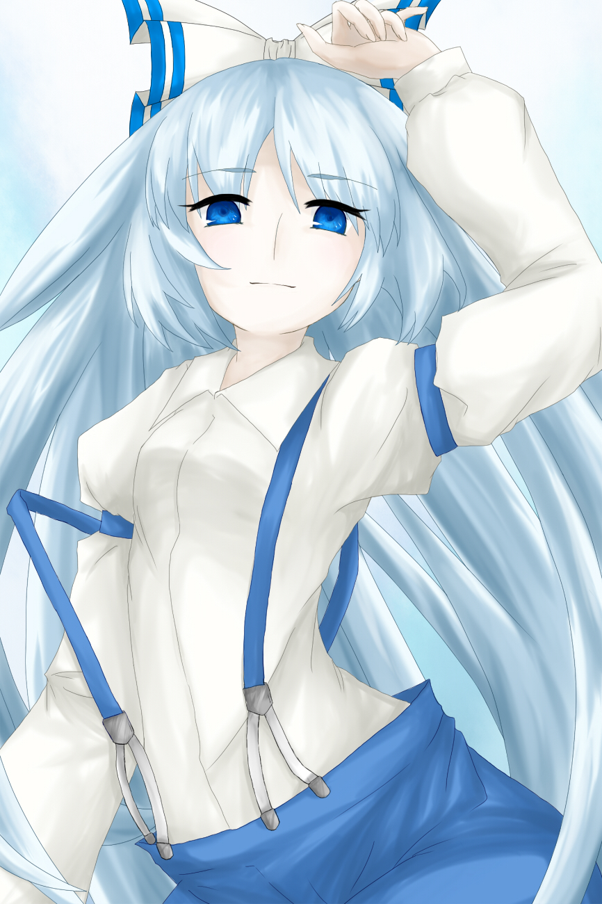 1girl, alternate_color, bad_id, bad_pixiv_id, blue_eyes, blue_hair, bow, female_focus, fujiwara_no_mokou, hair_bow, highres, long_hair, matching_hair/eyes, player_2, solo, suspenders, touhou, tsukasa@peropero, tsukasa_(honey), very_long_hair