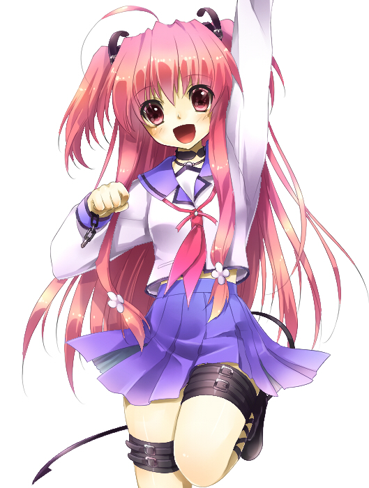 10s, 1girl, :d, angel_beats!, arm_up, colorized, female_focus, fira_yuki