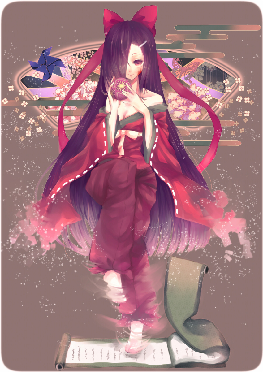 1girl, ball, bare_shoulders, blood, blood_on_face, bow, egasumi, female_focus, flower, hair_bow, hair_ornament, hair_over_one_eye, hairclip, highres, holding, japanese_clothes, kasugano_tsubaki, kimono, leg_up, lolo_loki, long_hair, mirai_nikki, off_shoulder, purple_eyes, purple_hair, ribbon, scroll, smile, solo, tabi, temari_ball, very_long_hair, white_legwear, wide_sleeves