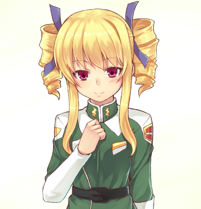 1girl, belt, blonde_hair, blush, drill_hair, female_focus, gundam, hair_ribbon