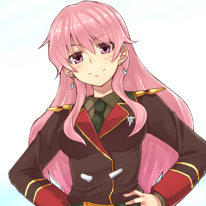 1girl, blush, earrings, female_focus, gundam, hands_on_own_hips, jewelry, military, military_uniform, necktie, operator_type_l, pink_hair, saemon_(tonpura), sd_gundam, sd_gundam_online, simple_background, smile, solo, wavy_hair