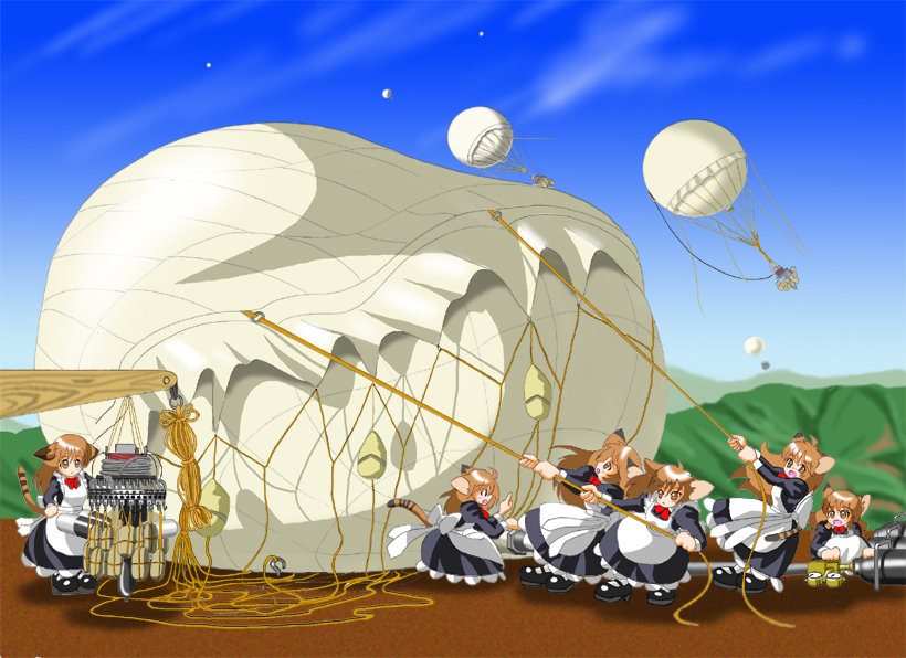 6+girls, animal_ears, apron, balloon, bomb, cana, explosive, maid, maid_apron, military, multiple_girls, tail, world_war_ii