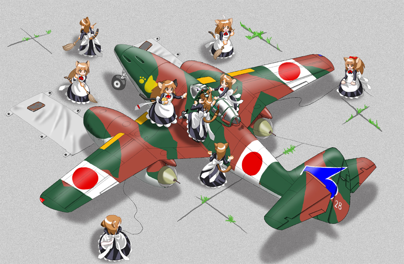 6+girls, aircraft, airplane, animal_ears, broom, brown_hair, camouflage, cana, cat_ears, cat_tail, goggles, goggles_on_head, imperial_japanese_army, jet, long_hair, maid, military, military_vehicle, multiple_girls, nakajima_ki-201, original, propeller_fighter, tail, vehicle_focus, world_war_ii