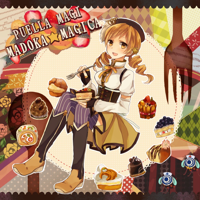 10s, 1girl, beret, black_thighhighs, blonde_hair, boots, cake, copyright_name