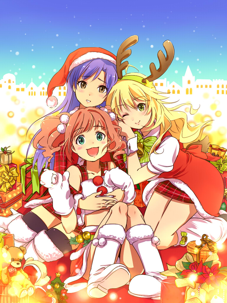 3girls, antlers, aqua_eyes, blonde_hair, blue_hair, brown_eyes, christmas, green_eyes