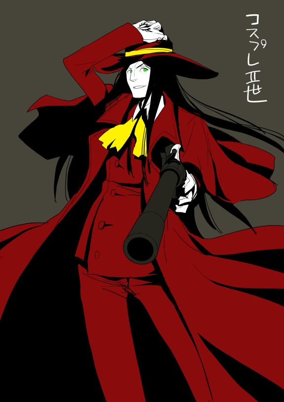 1boy, aged_up, alucard_(hellsing), alucard_(hellsing)_(cosplay), ascot, black_hair, coat, command_spell