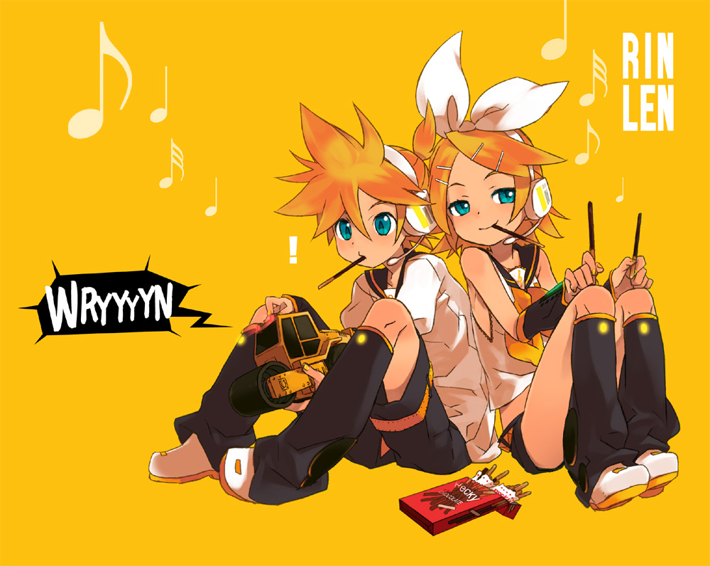 1boy, 1girl, bad_id, bad_pixiv_id, brother_and_sister, food, kagamine_len, kagamine_rin, komagarita, komagata, mouth_hold, pocky, siblings, sitting, steamroller, twins, vocaloid, wryyyyyyyyyyyyyyyyyyyy