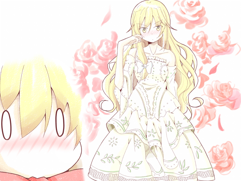 alex_(alexandoria), bare_shoulders, blonde_hair, blush, comic, dress, female_focus, floral_background